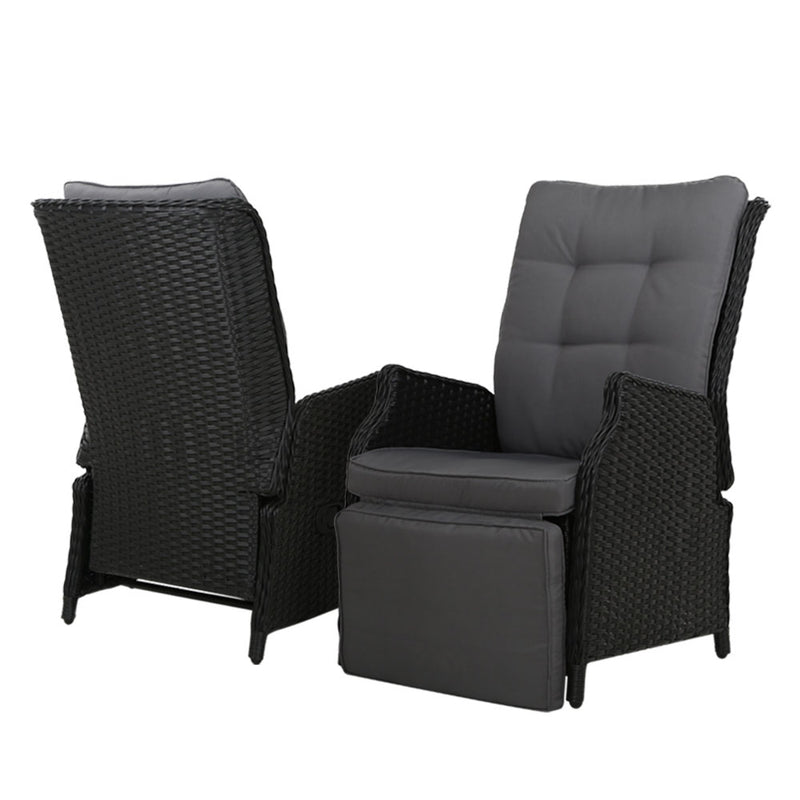 Gardeon Set of 2 Recliner Chairs Sun lounge Outdoor Furniture Setting Patio Wicker Sofa Black - Sale Now