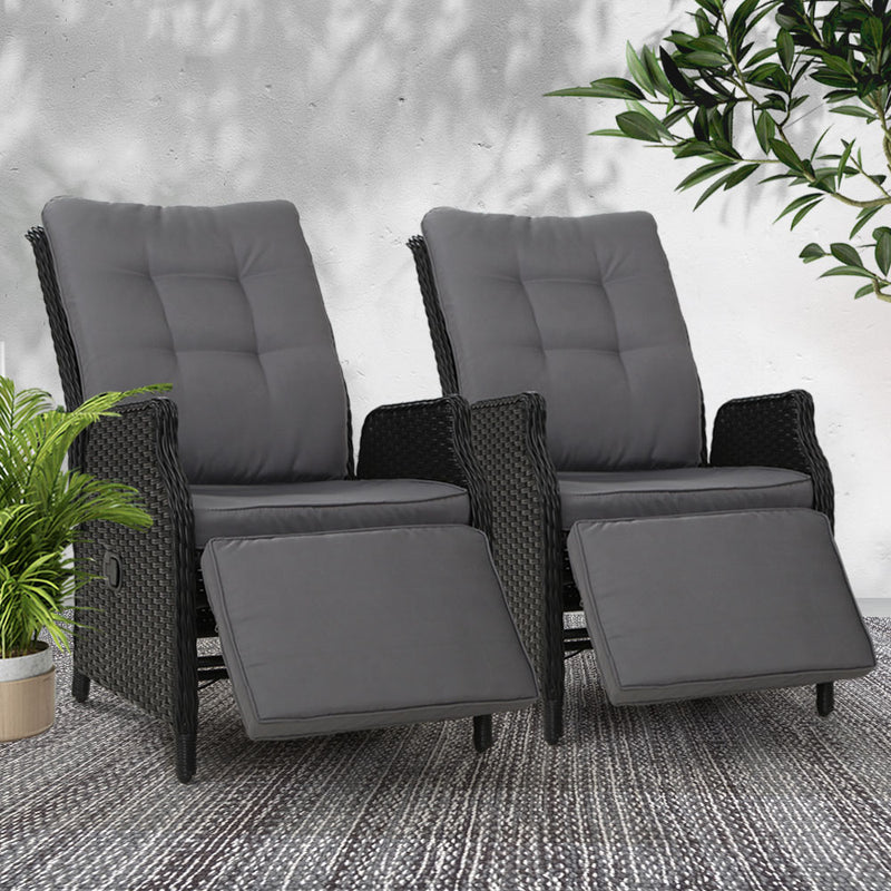 Gardeon Set of 2 Recliner Chairs Sun lounge Outdoor Furniture Setting Patio Wicker Sofa Black - Sale Now