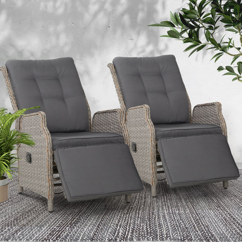 Gardeon Set of 2 Recliner Chairs Sun lounge Outdoor Furniture Setting Patio Wicker Sofa Grey - Sale Now