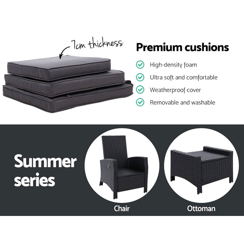 Sun lounge Recliner Chair Wicker Lounger Sofa Day Bed Outdoor Furniture Patio Garden Cushion Ottoman Black Gardeon - Sale Now