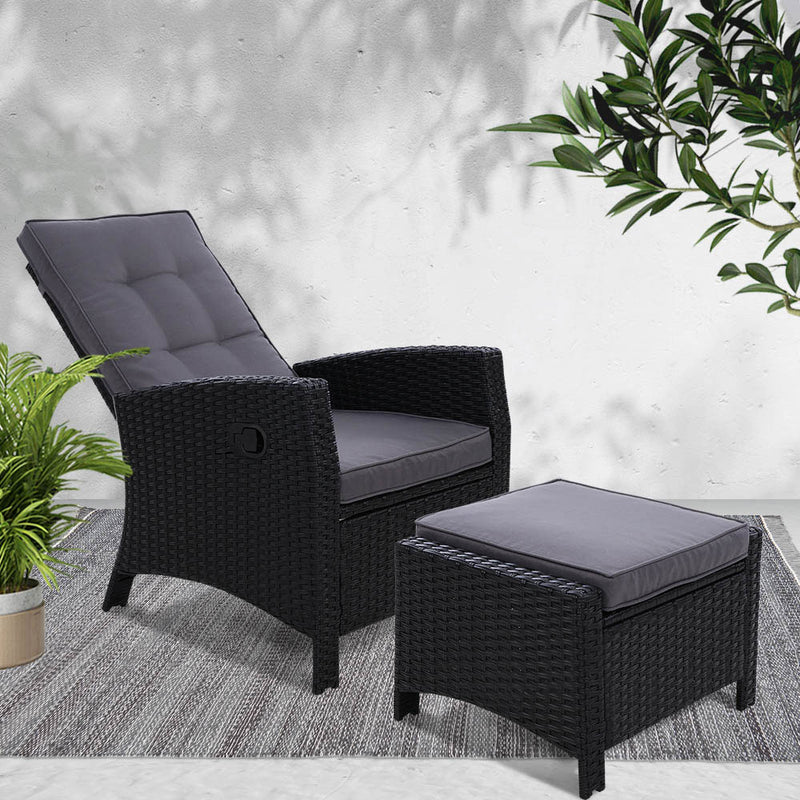 Sun lounge Recliner Chair Wicker Lounger Sofa Day Bed Outdoor Furniture Patio Garden Cushion Ottoman Black Gardeon - Sale Now