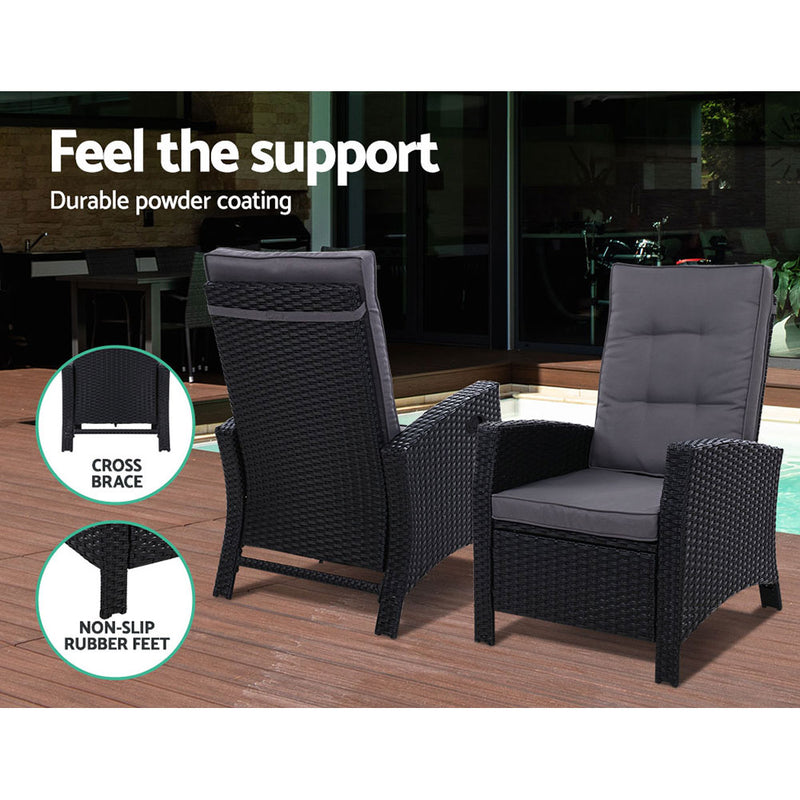 Gardeon Outdoor Setting Recliner Chair Table Set Wicker lounge Patio Furniture Black - Sale Now