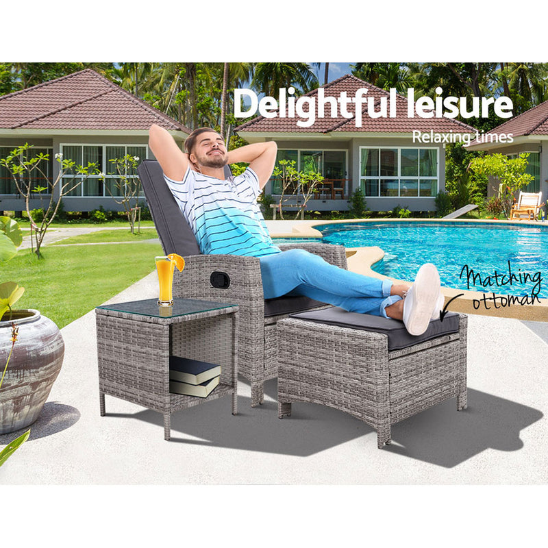 Gardeon Outdoor Setting Recliner Chair Table Set Wicker lounge Patio Furniture Grey - Sale Now