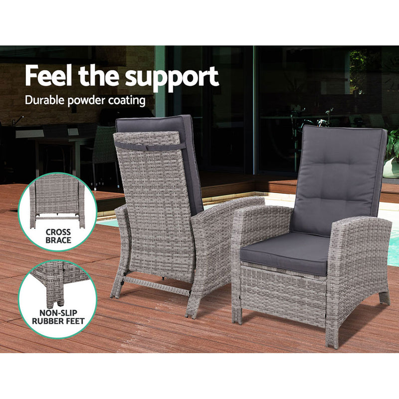 Gardeon Outdoor Setting Recliner Chair Table Set Wicker lounge Patio Furniture Grey - Sale Now