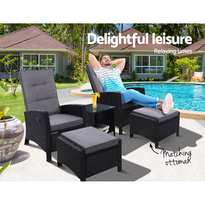Gardeon Outdoor Patio Furniture Recliner Chairs Table Setting Wicker Lounge 5pc Black - Sale Now