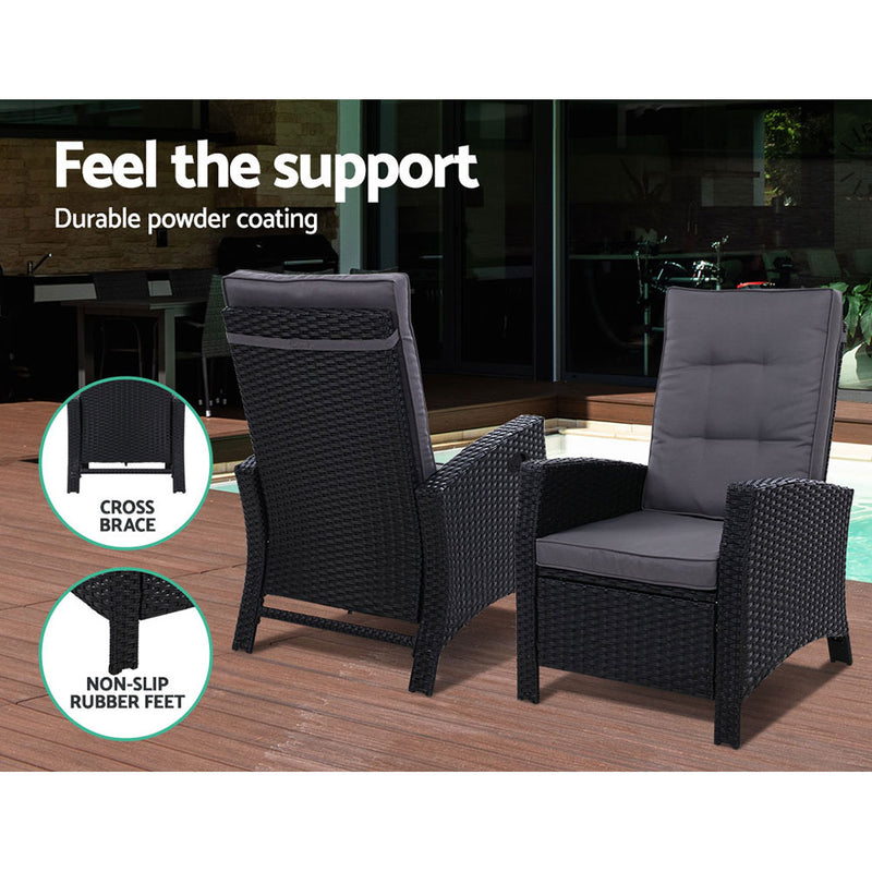 Gardeon Outdoor Patio Furniture Recliner Chairs Table Setting Wicker Lounge 5pc Black - Sale Now
