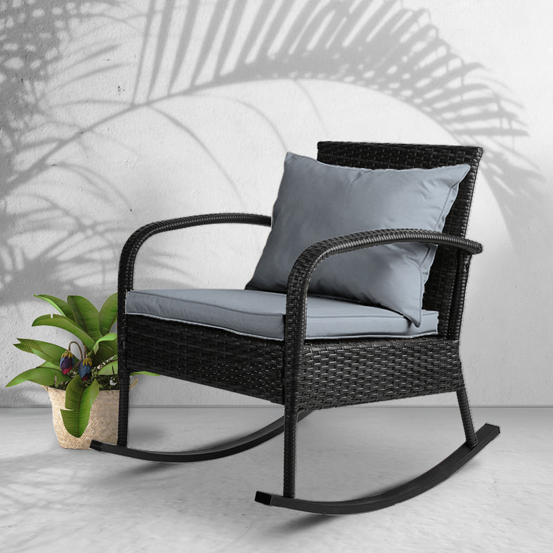 Gardeon Outdoor Furniture Rocking Chair Wicker Garden Patio Lounge Setting Black - Sale Now