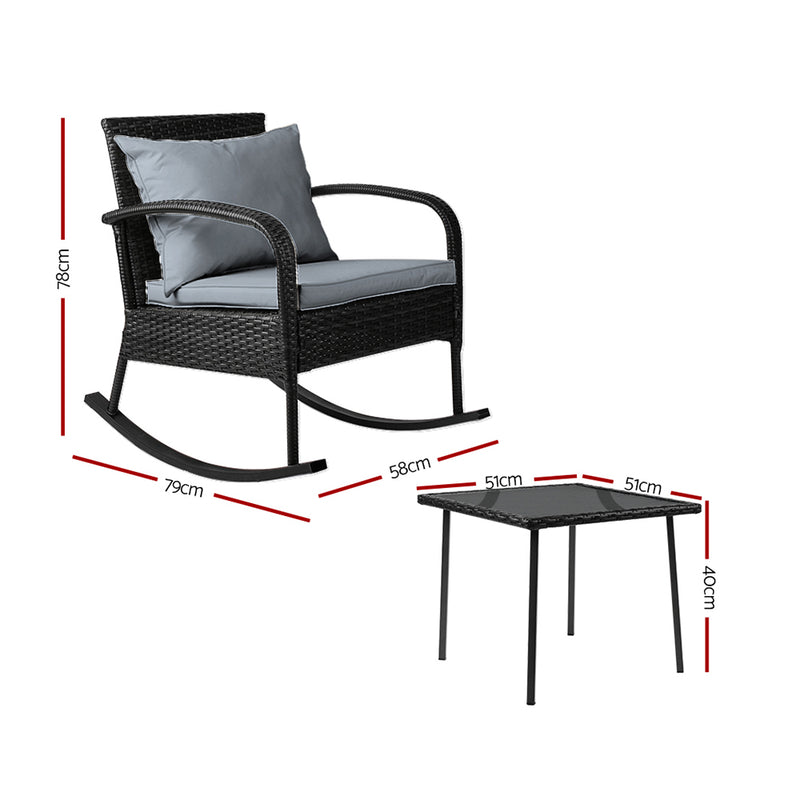 Gardeon 3 Piece Outdoor Chair Rocking Set - Black - Sale Now