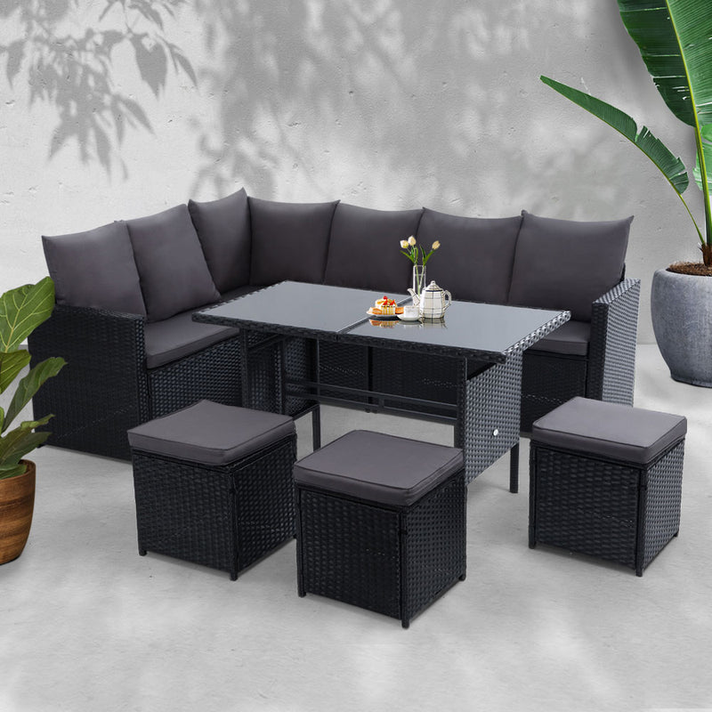 Gardeon Outdoor Furniture Dining Setting Sofa Set Lounge Wicker 9 Seater Black - Sale Now