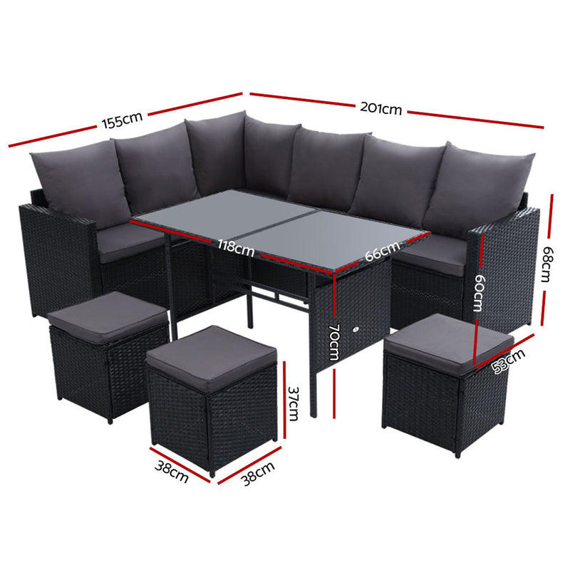 Gardeon Outdoor Furniture Dining Setting Sofa Set Wicker 9 Seater Storage Cover Black - Sale Now