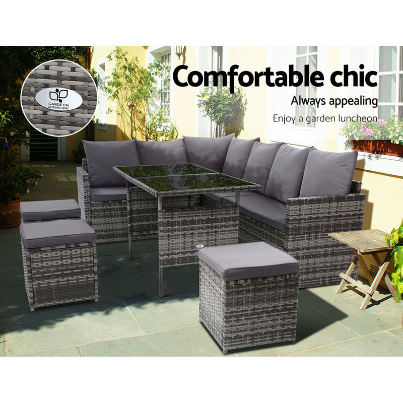 Gardeon Outdoor Furniture Dining Setting Sofa Set Lounge Wicker 9 Seater Mixed Grey - Sale Now