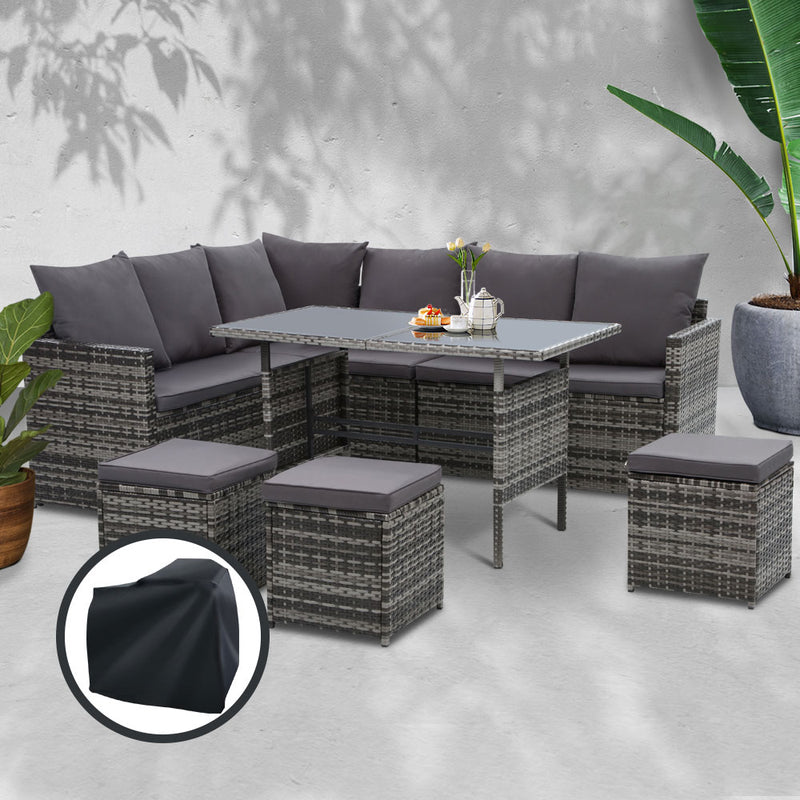 Gardeon Outdoor Furniture Dining Setting Sofa Set Wicker 9 Seater Storage Cover Mixed Grey - Sale Now