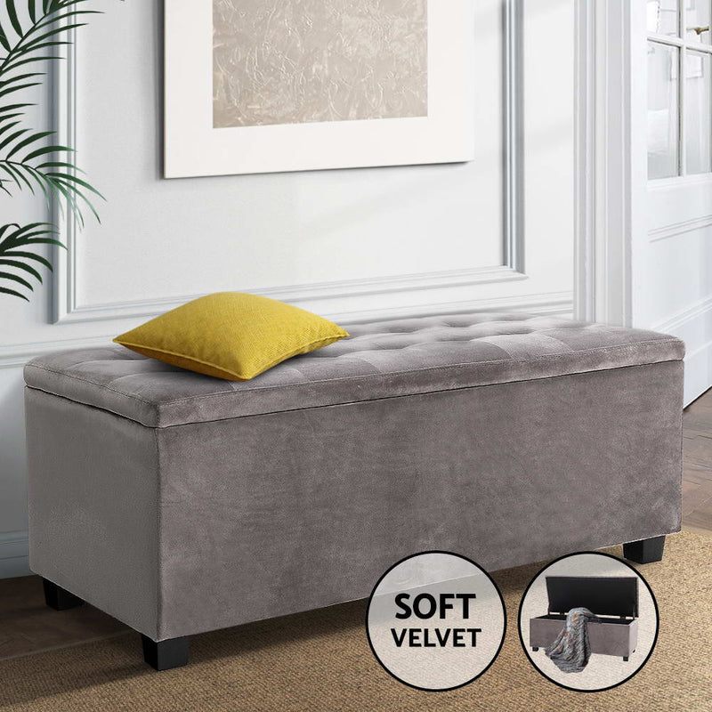 Artiss Storage Ottoman Blanket Box Velvet Foot Stool Rest Chest Couch Toy Grey - Sale Now