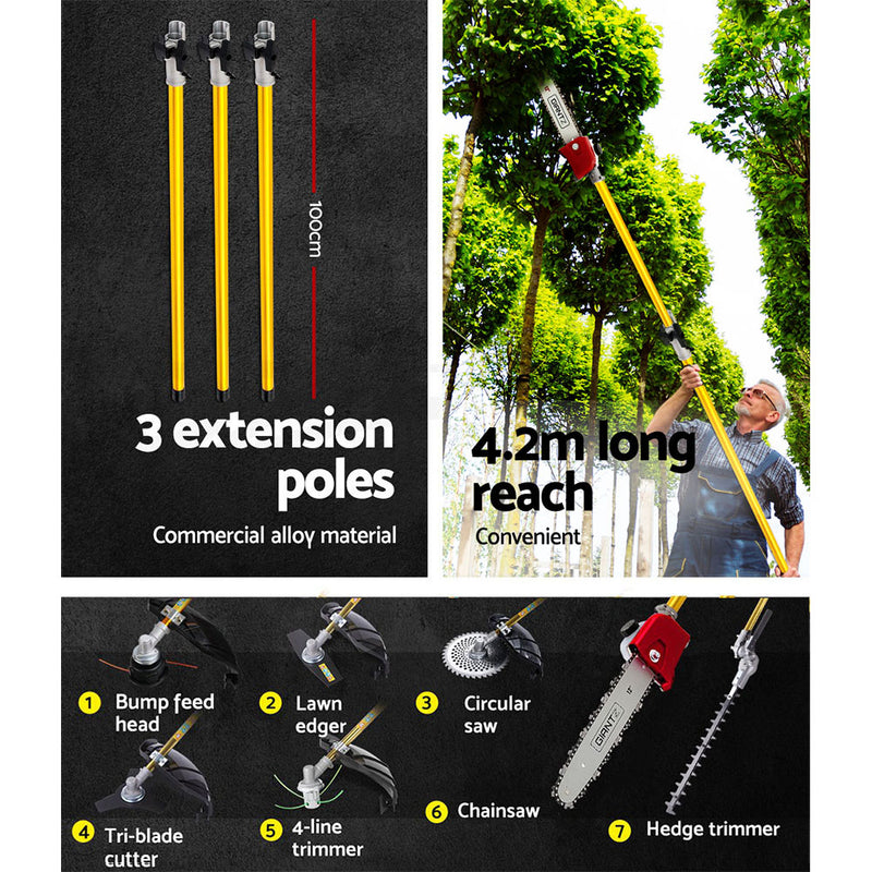 Giantz 65CC Pole Chainsaw Brush Cutter Hedge Trimmer Petrol Long Reach Whipper - Sale Now