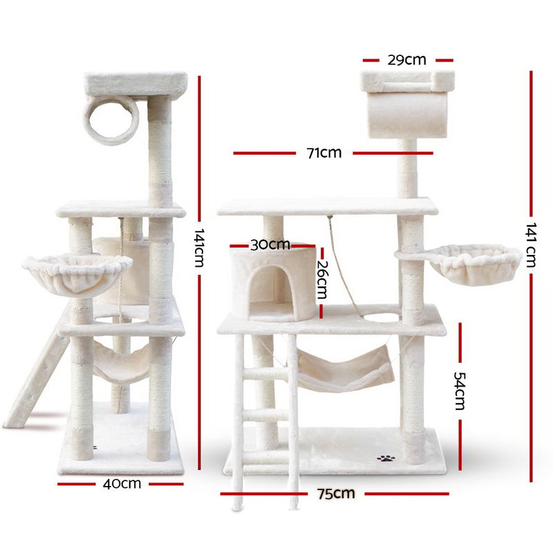 i.Pet Cat Tree 141cm Trees Scratching Post Scratcher Tower Condo House Furniture Wood Beige - Sale Now