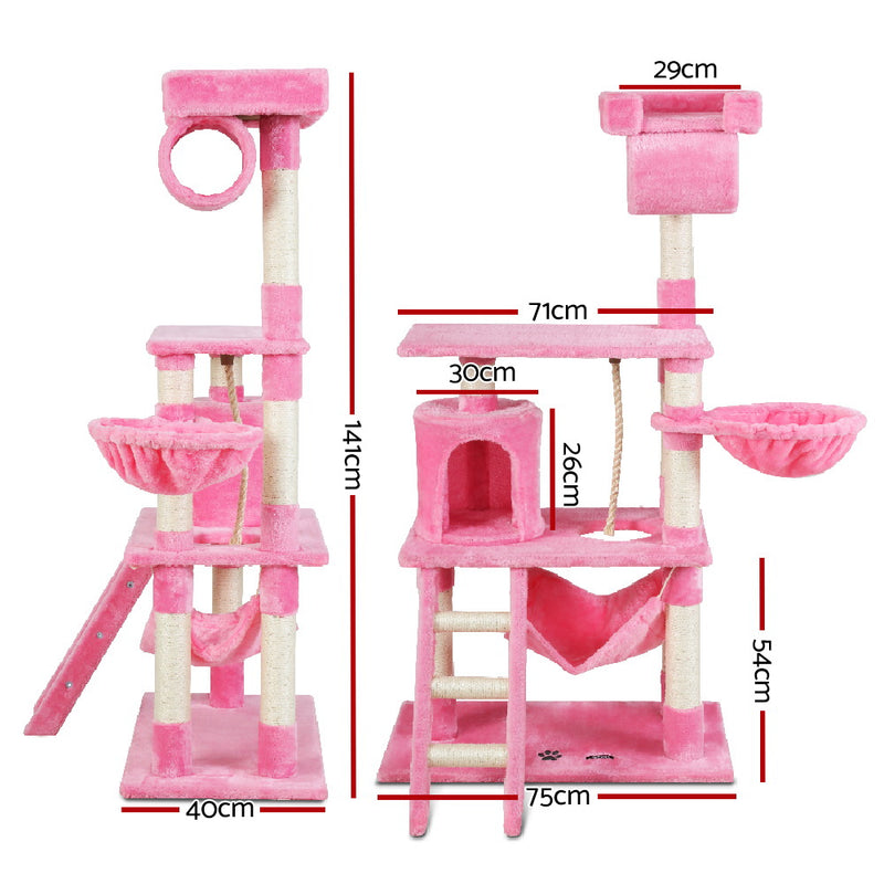 i.Pet Cat Tree 141cm Trees Scratching Post Scratcher Tower Condo House Furniture Wood Pink - Sale Now