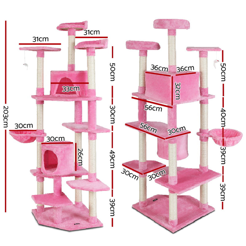 i.Pet Cat Tree 203cm Trees Scratching Post Scratcher Tower Condo House Furniture Wood Pink - Sale Now