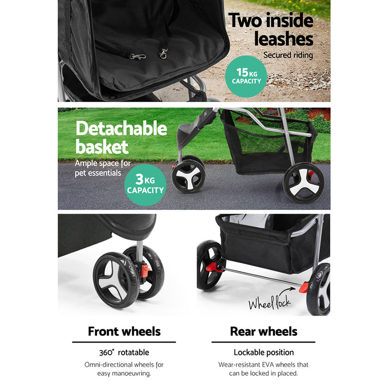 i.Pet 3 Wheel Pet Stroller - Black - Sale Now