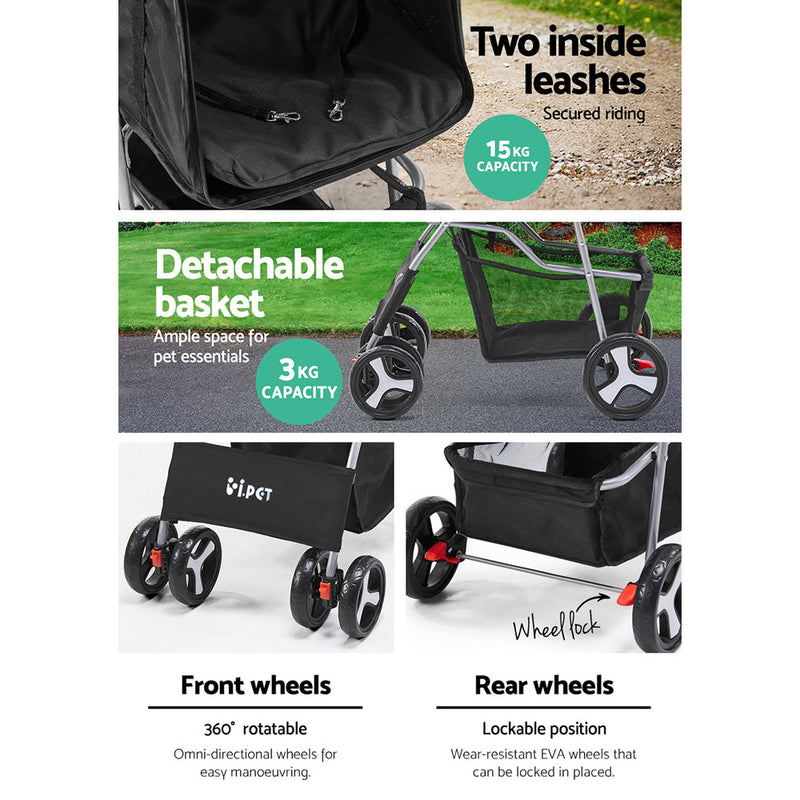 i.Pet 4 Wheel Pet Stroller - Black - Sale Now