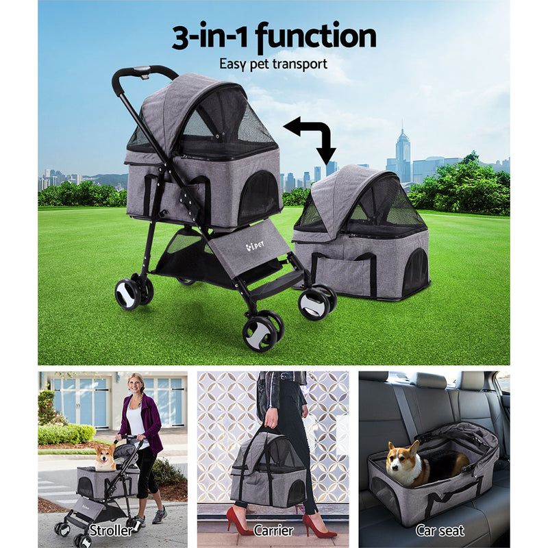 i.Pet Pet Stroller Dog Carrier Foldable Pram 3 IN 1 Middle Size Grey - Sale Now
