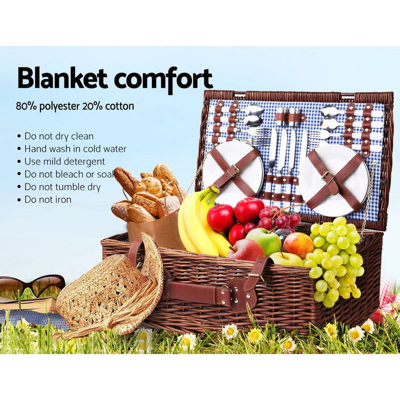 Alfresco 4 Person Picnic Basket Baskets Handle Outdoor Insulated Blanket - Sale Now