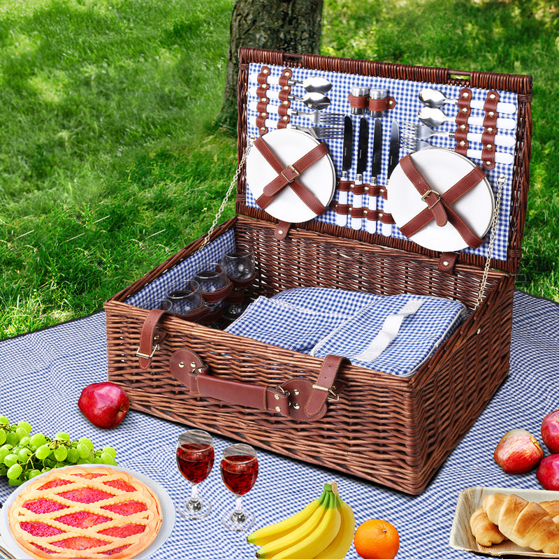 Alfresco 4 Person Picnic Basket Baskets Handle Outdoor Insulated Blanket - Sale Now