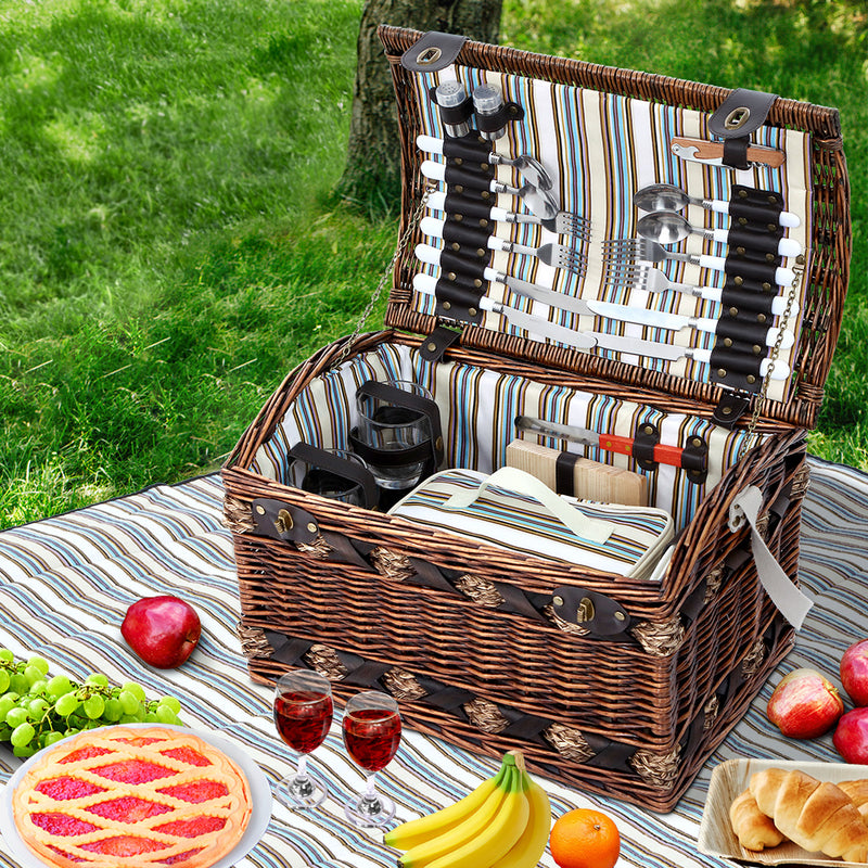 Alfresco 4 Person Wicker Picnic Basket Baskets Outdoor Insulated Gift Blanket - Sale Now