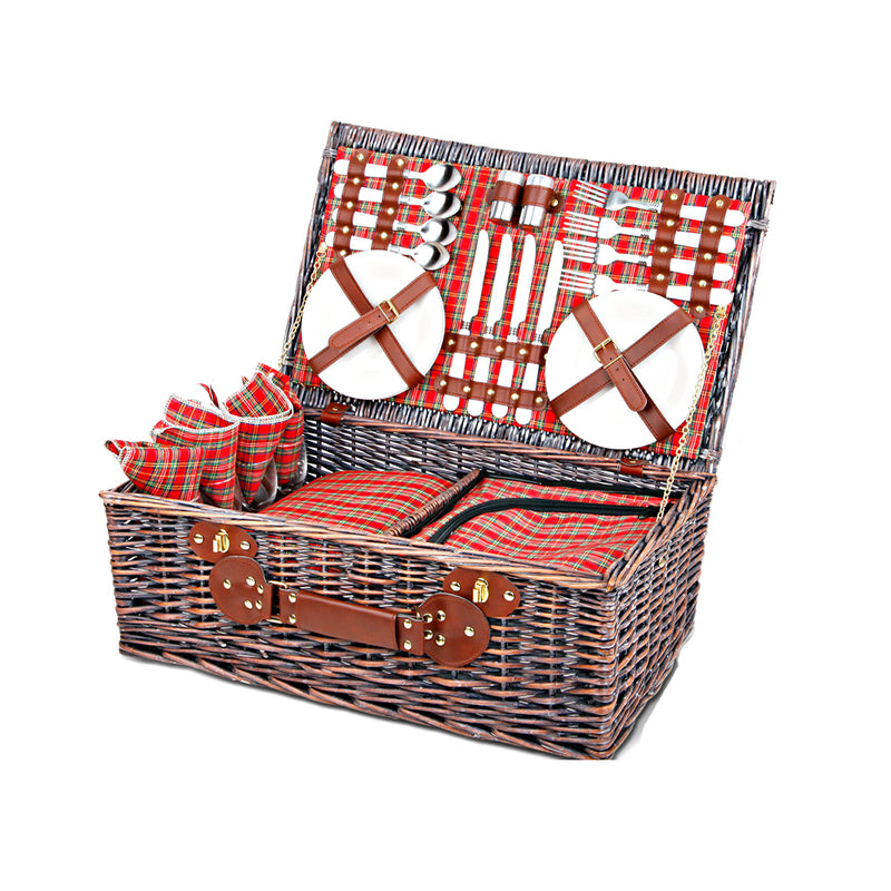 Alfresco 4 Person Picnic Basket Baskets Red Handle Outdoor Corporate Blanket Park - Sale Now