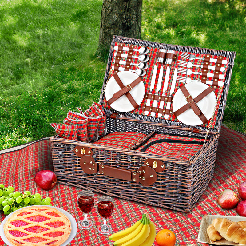 Alfresco 4 Person Picnic Basket Baskets Red Handle Outdoor Corporate Blanket Park - Sale Now
