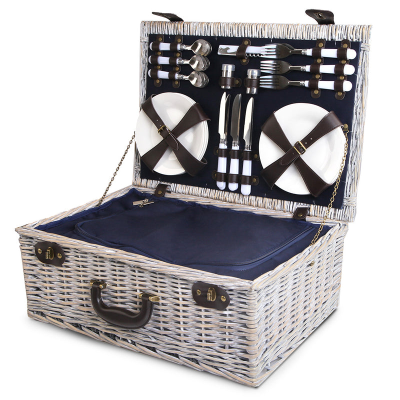 Alfresco 6-Person Picnic Basket Cooler Bag Wicker PU Fastening Straps Plates - Sale Now