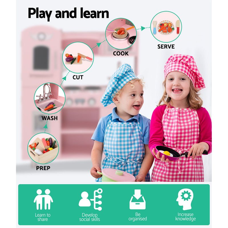 Keezi Kids Kitchen Set Pretend Play Food Sets Childrens Utensils Wooden Toy Pink - Sale Now