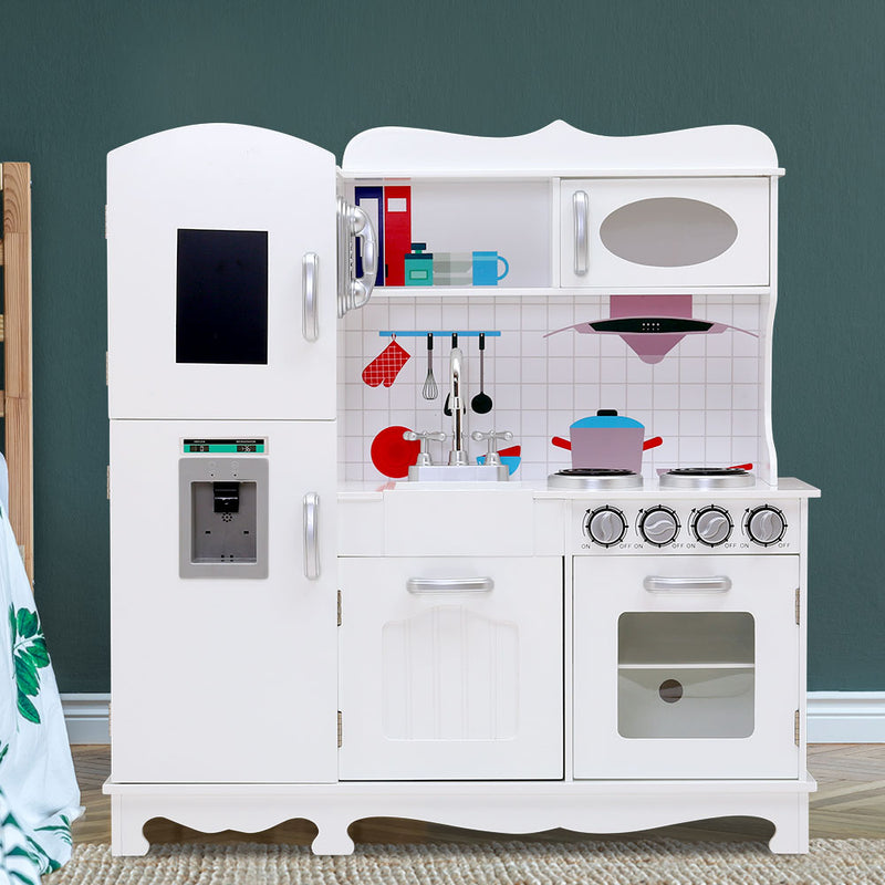 Keezi Kids Kitchen Set Pretend Play Food Sets Childrens Utensils Wooden White - Sale Now