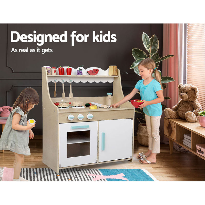 Keezi Kids Wooden Kitchen Play Set - Natural & White - Sale Now