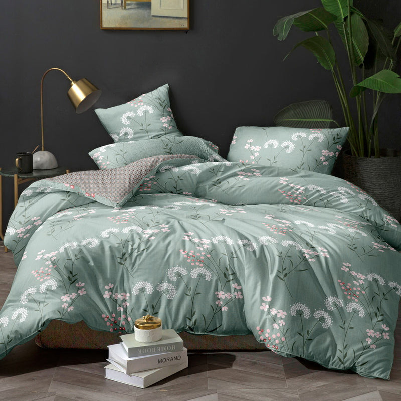 Giselle Bedding Quilt Cover Set Queen Bed Doona Duvet Reversible Sets Flower Pattern Green - Sale Now