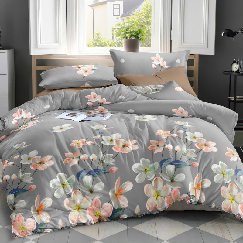 Giselle Bedding Quilt Cover Set Queen Bed Doona Duvet Reversible Sets Flower Pattern Grey - Sale Now