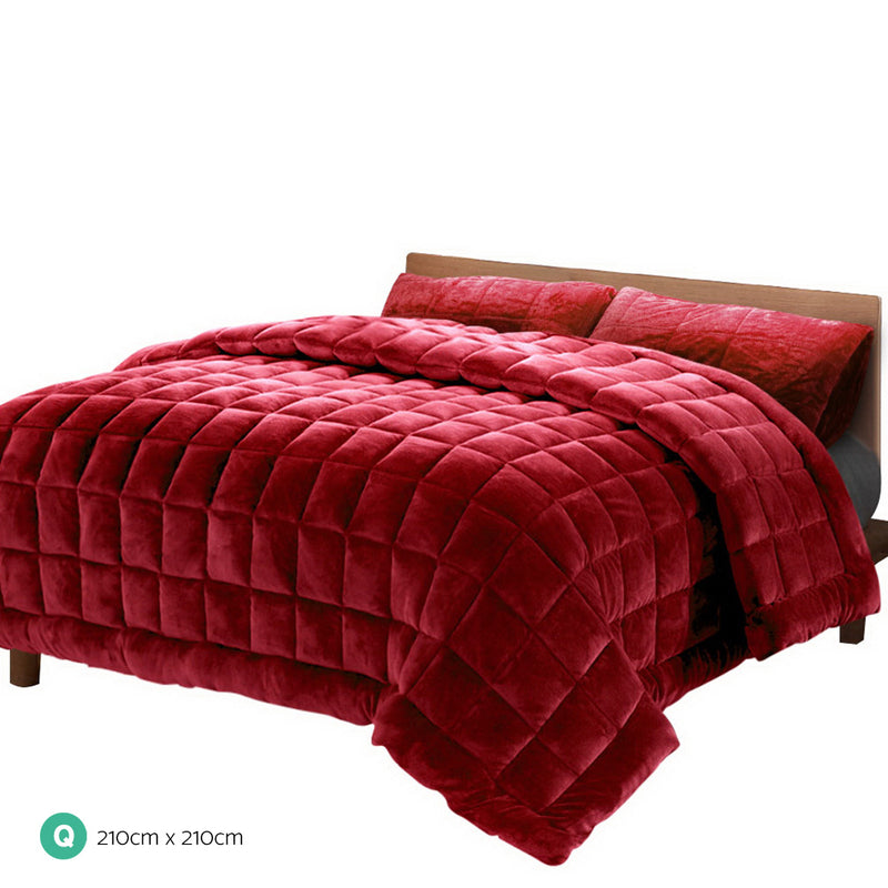 Giselle Bedding Faux Mink Quilt Comforter Throw Blanket Winter Burgundy Queen - Sale Now