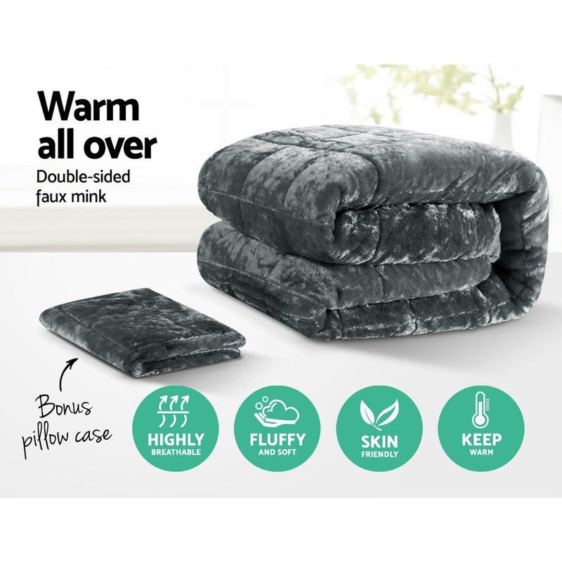 Giselle Bedding Faux Mink Quilt Fleece Throw Blanket Comforter Duvet Charcoal Single - Sale Now