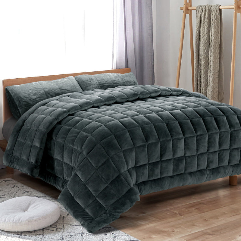 Giselle Bedding Faux Mink Quilt Fleece Throw Blanket Comforter Duvet Charcoal Single - Sale Now