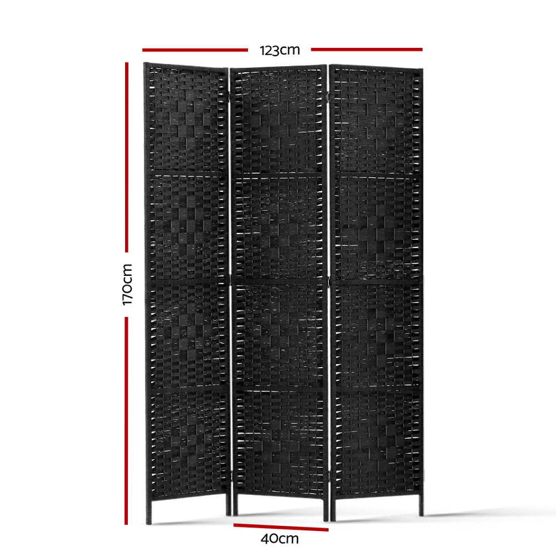 Artiss 3 Panel Room Divider Privacy Screen Rattan Woven Wood Stand Black - Sale Now