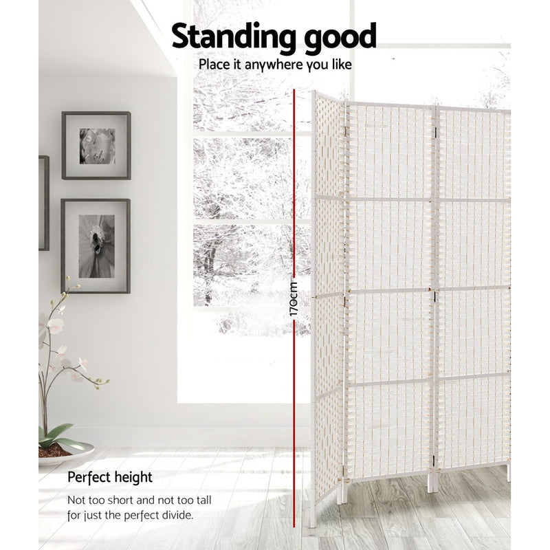 Artiss 3 Panels Room Divider Screen Privacy Rattan Timber Fold Woven Stand White - Sale Now