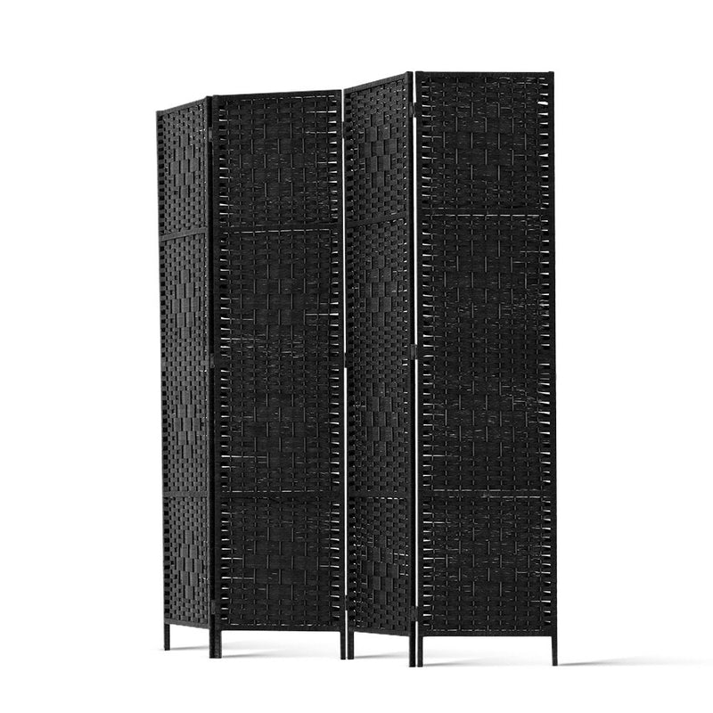 Artiss 4 Panel Room Divider Privacy Screen Rattan Woven Wood Stand Black - Sale Now