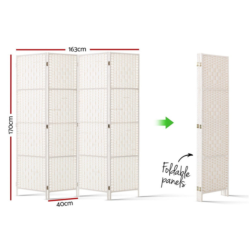 Artiss 4 Panels Room Divider Screen Privacy Rattan Timber Fold Woven Stand White - Sale Now