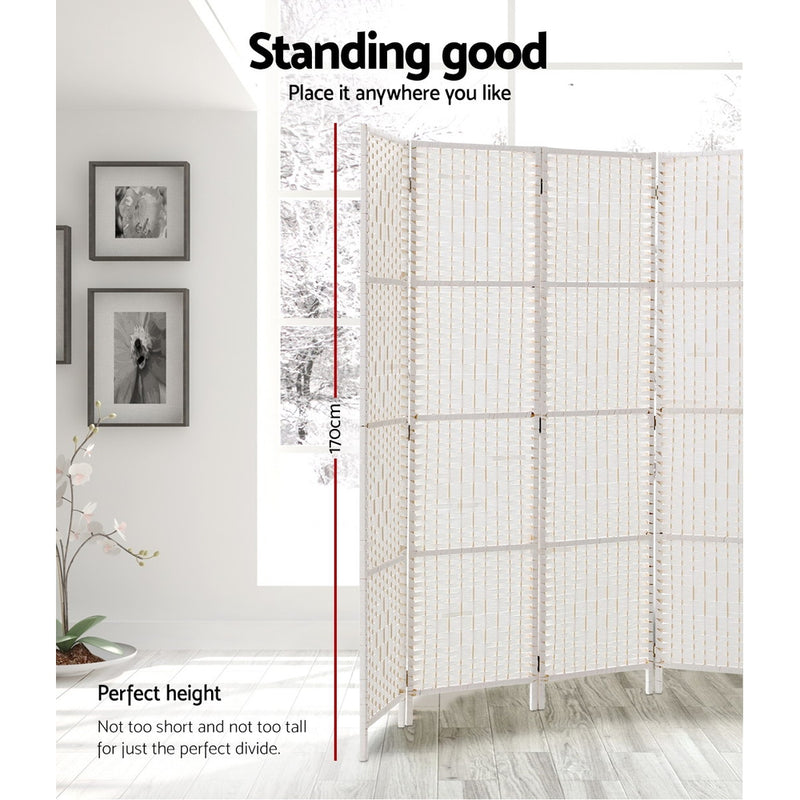 Artiss 4 Panels Room Divider Screen Privacy Rattan Timber Fold Woven Stand White - Sale Now