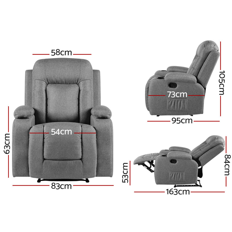 Artiss Recliner Chair Electric Massage Chair Fabric Lounge Sofa Heated Grey - Sale Now