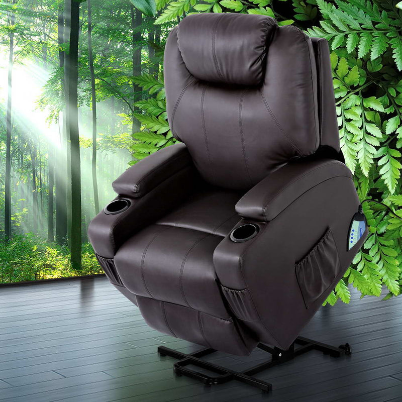 Artiss Electric Recliner Lift Chair Massage Armchair Heating PU Leather Brown - Sale Now