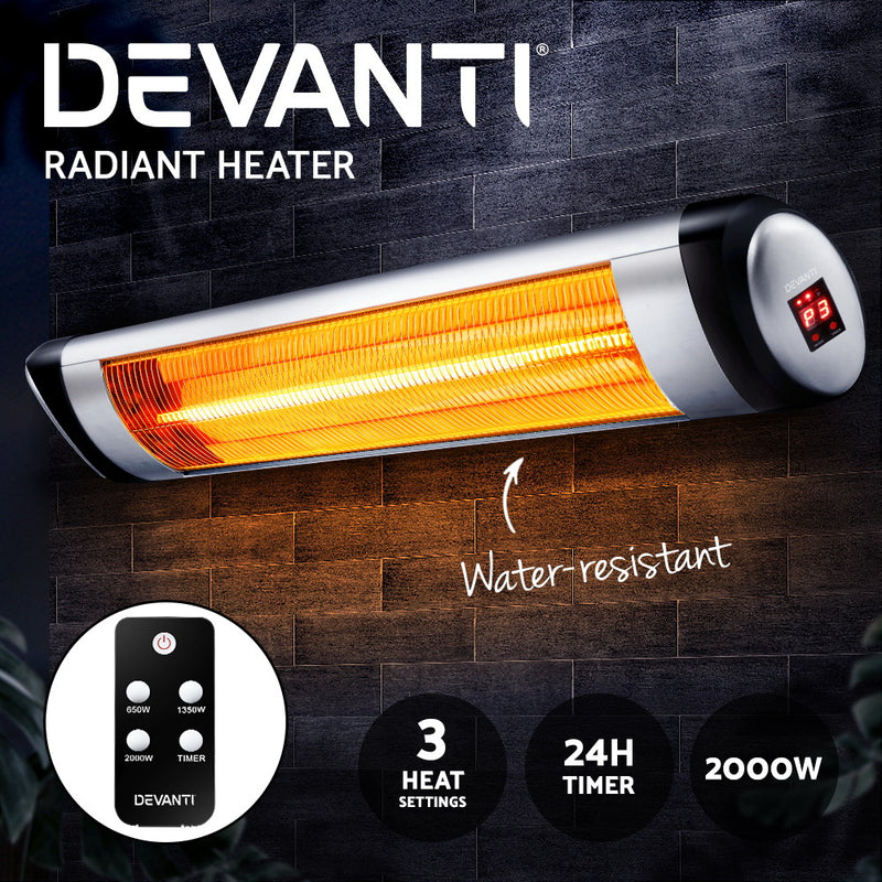 Devanti Electric Radiant Heater Patio Strip Heaters Infrared Indoor Outdoor Patio Remote Control 2000W - Sale Now