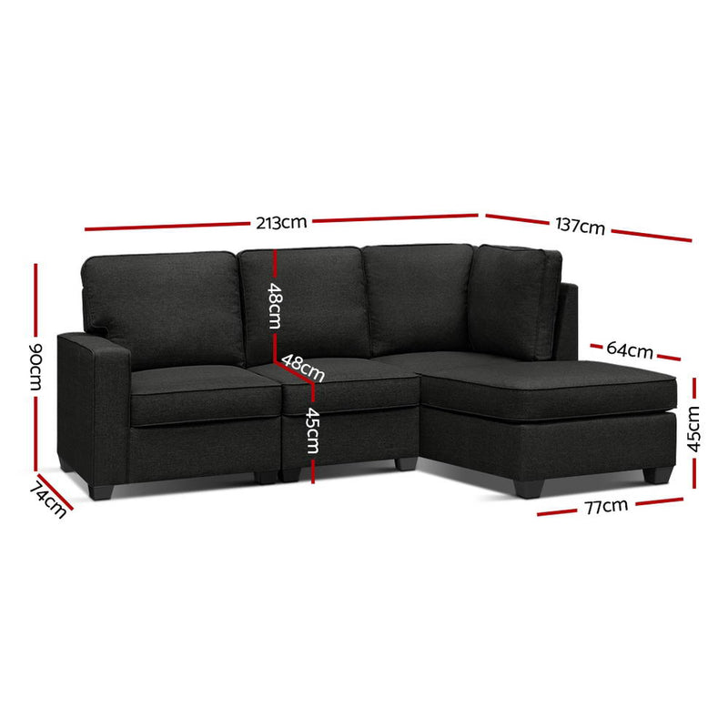 Artiss Sofa Lounge Set 4 Seater Modular Chaise Chair Couch Fabric Dark Grey - Sale Now