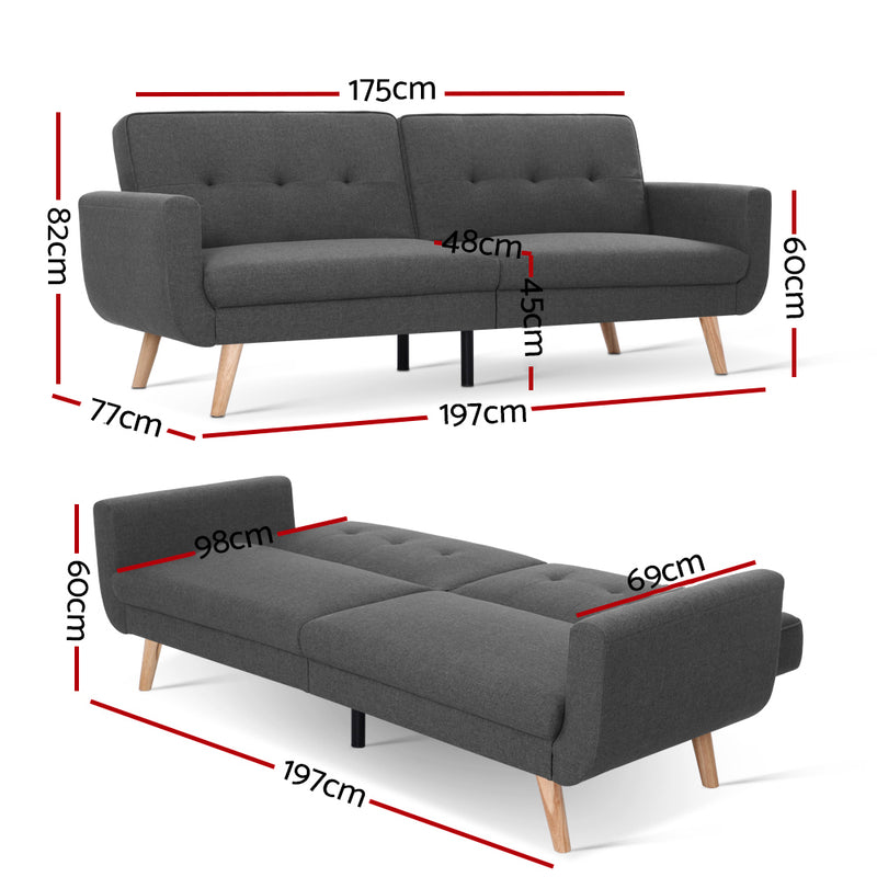Artiss Sofa Bed Lounge Set Couch Futon 3 Seater Fabric Reliner 197cm Dark Grey - Sale Now