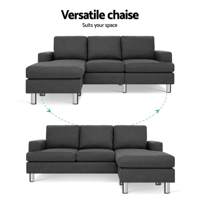 Artiss Sofa Lounge Set Couch Futon Corner Chaise Fabric 3 Seater Suite Dark Grey - Sale Now