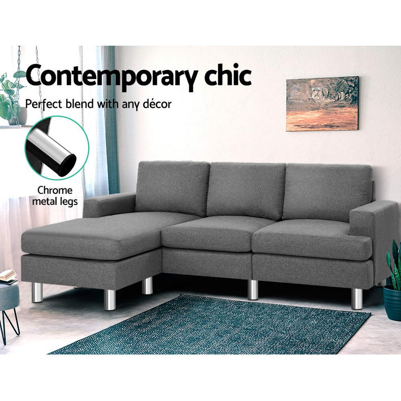 Artiss Sofa Lounge Set Couch Futon Corner Chaise Fabric 3 Seater Suite Grey - Sale Now